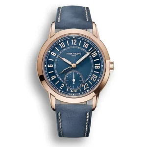 Replica Patek Philippe Complications 5224R-001 42mm rose gold watch featuring a 24-hour display and Travel Time function, designed for sophisticated travelers.