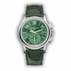 Replica Patek Philippe Complications 5905R-001 42mm white gold annual calendar chronograph with green dial, combining elegant design and advanced timekeeping functions.