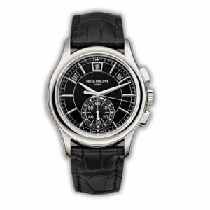 Fake Patek Philippe Complications 5905R-005 42mm white gold annual calendar chronograph with black dial, combining elegant design with sophisticated timekeeping.