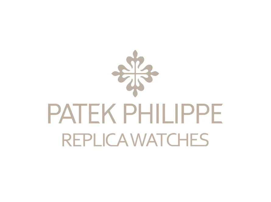 Patek Philippe Replica Watches logo in beige lettering and emblem on white background – fake patek