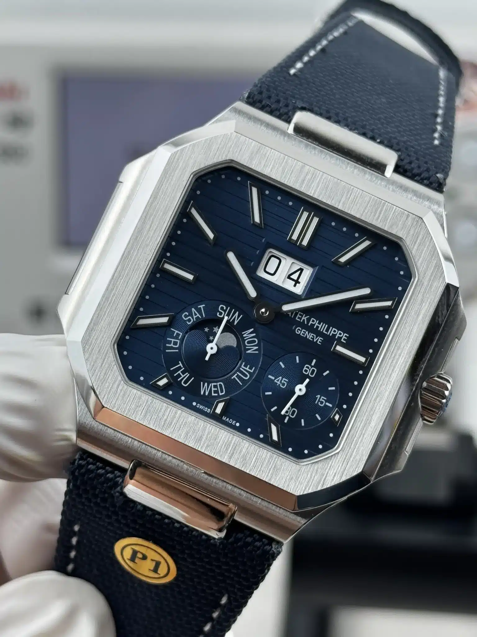 Replica Patek Philippe Cubitus 5822P-001 blue dial leather strap