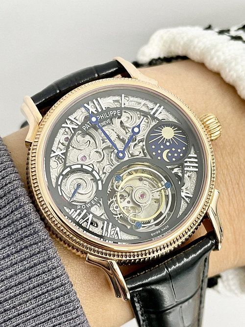 Replica Patek Philippe Sky Moon Tourbillon 42mm skeleton dial rose gold