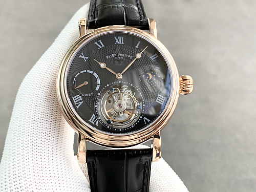 Replica Patek tourbillon moonphase black dial gold steel