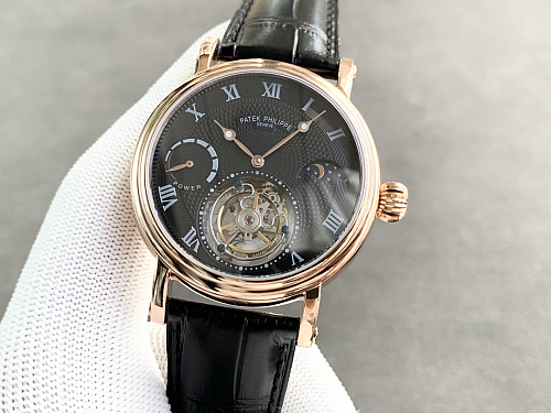Replica Patek tourbillon moonphase black dial gold steel