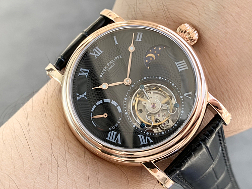 Replica Patek tourbillon moonphase black dial gold steel