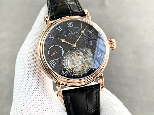 Replica Patek tourbillon moonphase black dial gold steel