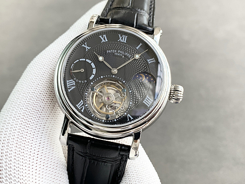 Replica Patek tourbillon moonphase black dial gold steel