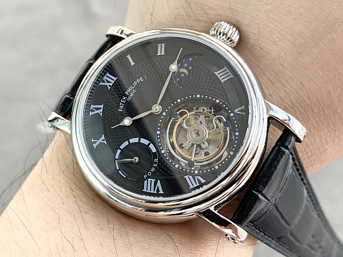 Replica Patek tourbillon moonphase black dial gold steel