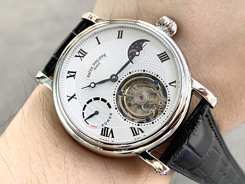Replica Patek Philippe moonphase tourbillon white dial gold steel