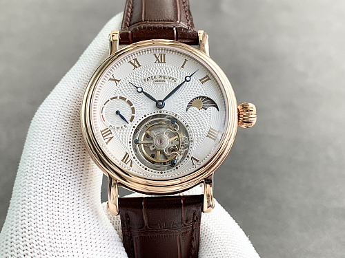 Replica Patek Philippe moonphase tourbillon white dial gold steel