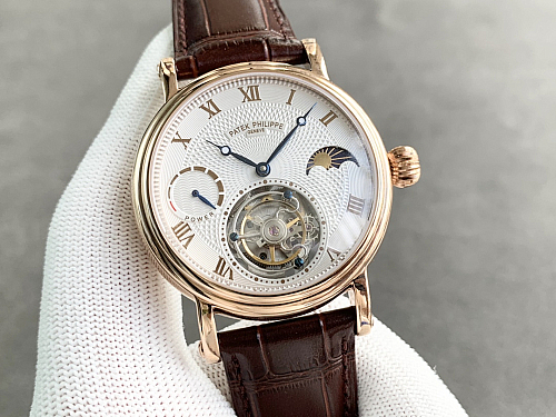Replica Patek Philippe moonphase tourbillon white dial gold steel