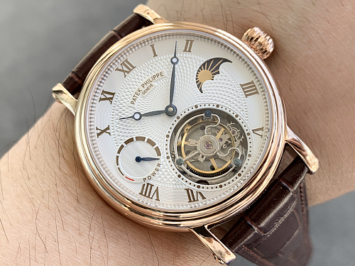 Replica Patek Philippe moonphase tourbillon white dial gold steel